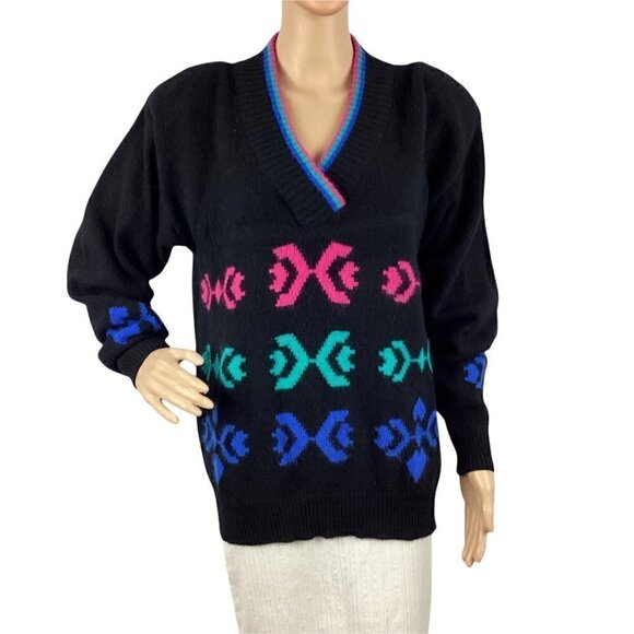 Vintage Izod Club Sweater Size L Black Angora Wool Blend V-Neck Shoulder Pads - Picture 1 of 6